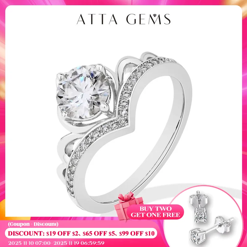 

ATTAGEMS Round Cut 1ct Moissanite Rings DVVS1 S925 Sterling Silver For Women Crown Princess Engagement Wedding Ring High Jewelry