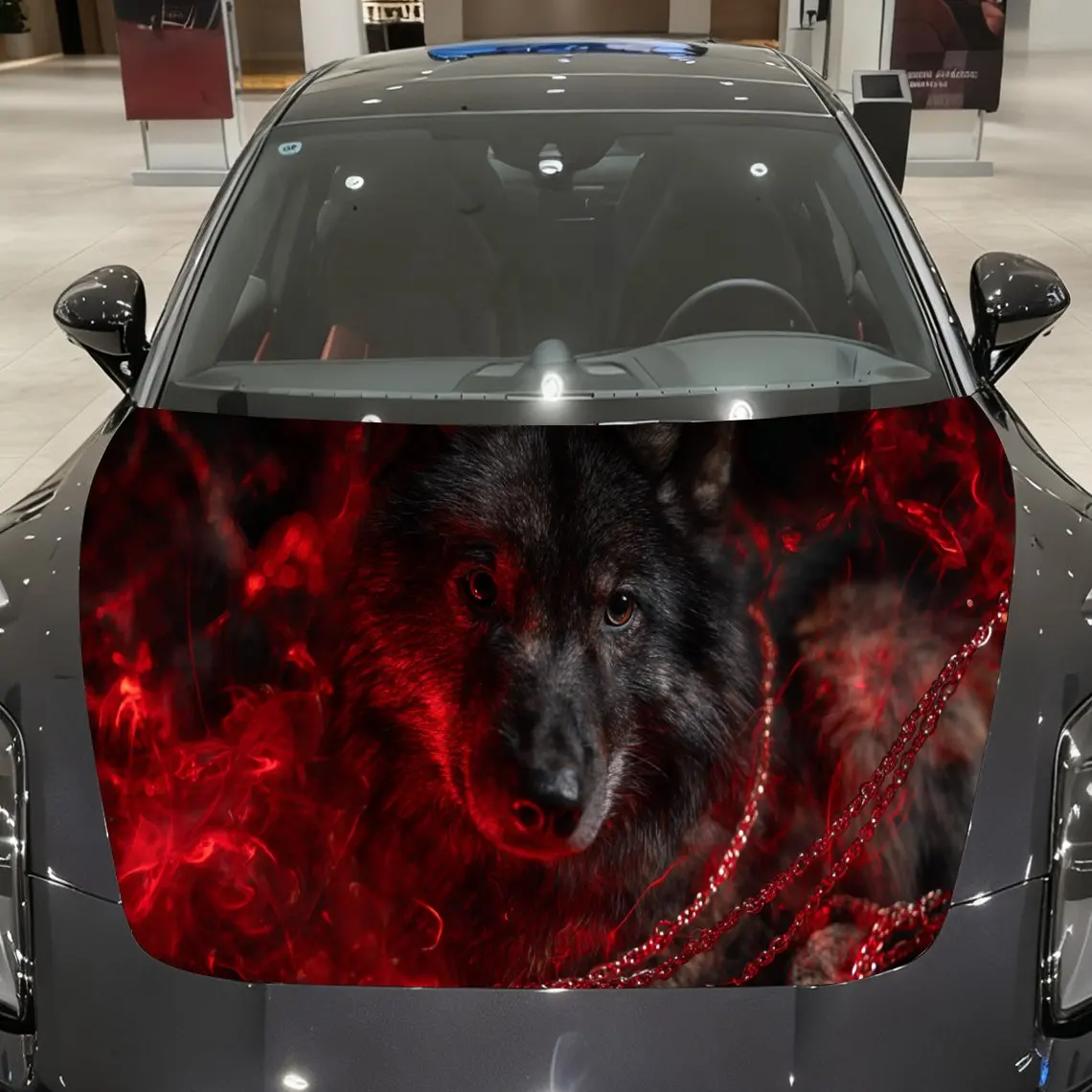 

Fantasy Wolf Auto Cover Sticker, Waterproof and Self-adhesive Auto Hood Decal, Red Flame Themed Auto Vinyl Wraps, Cool Car Exter