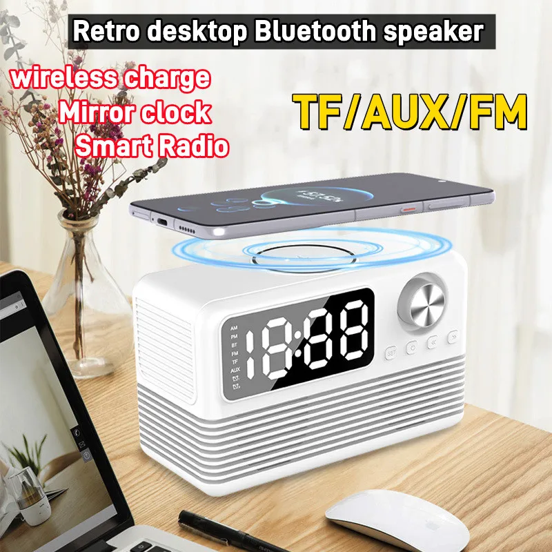 

Цифровой будильник Caxia De Som Bluetooth-динамик FM-радио Беспроводное зарядное устройство Подставка для зарядки телефона USB Быстрое зарядное устройство Настольные часы TF