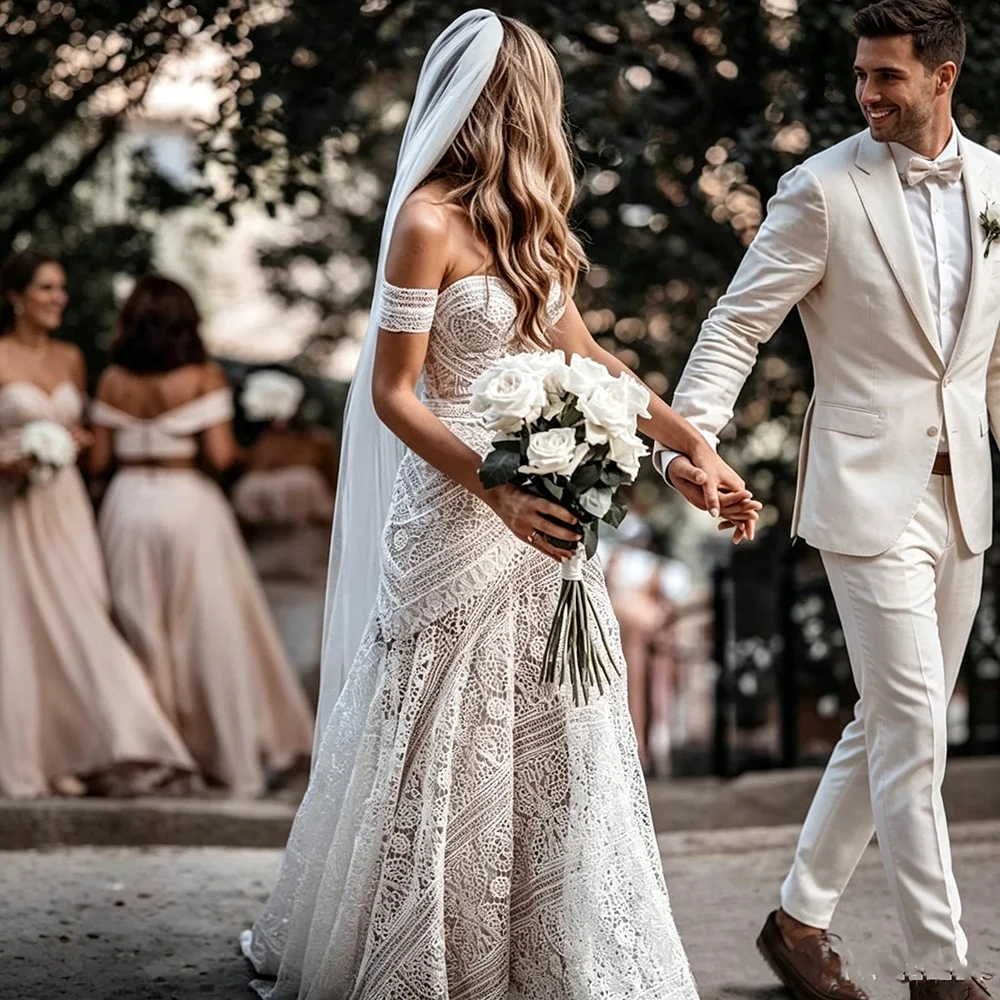 Customized Boho Sweetheart Mermaid Wedding Dress With Detachable Sleeve Sexy Backless Bride Gown Lace Appliques Sweep Train Robe image 6