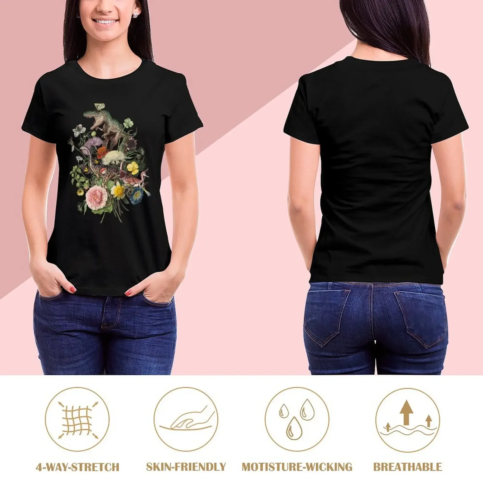 Cottagecore DINO-MITE Dinosaur Botanical Bouquet T-Shirt lady clothes summer top graphic t-shirts for Women