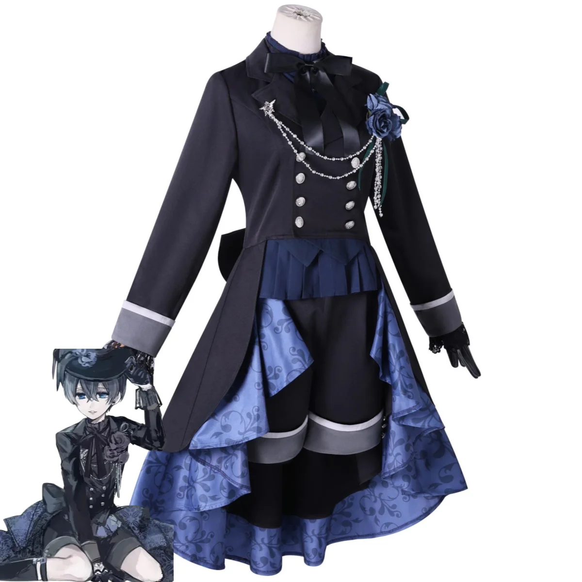 Kostium Cosplay XqAnime Ciel Phantomhive Smile, Czarny Smoking z Różą, Płaszcz, Uniform, Peruka, Męski Damski Strój Karnawałowy Świąteczny