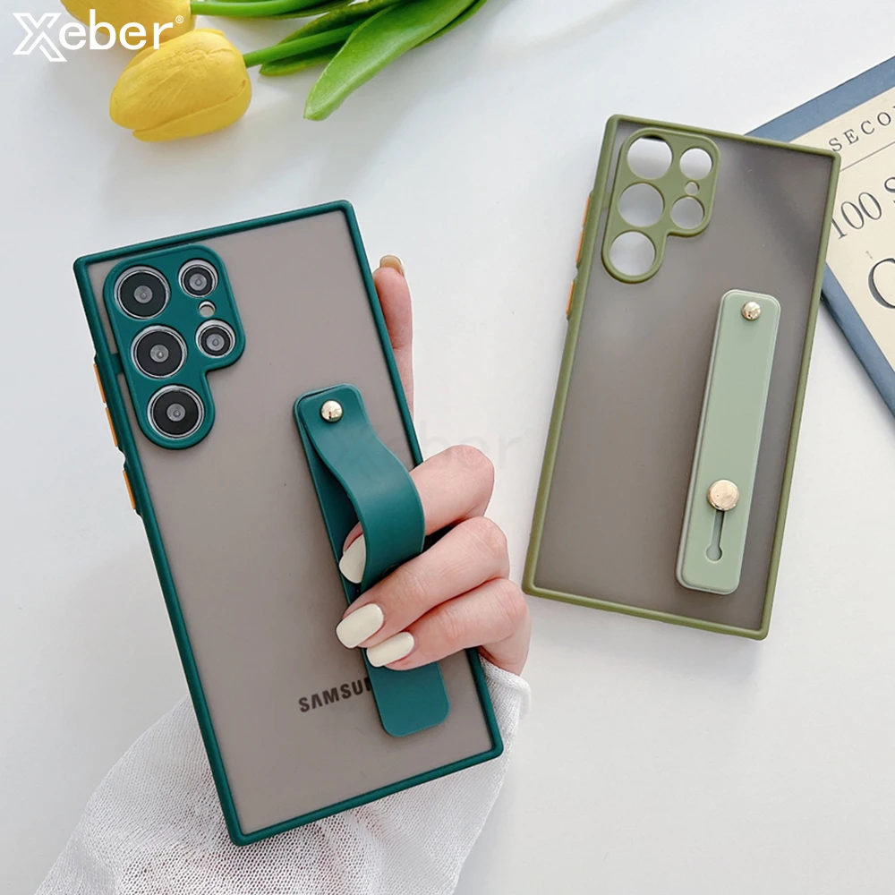 Stojak na pasek na nadgarstek Przezroczyste matowe etui do Samsung S25 S24 S23 S22 Ultra S21 Plus S20 FE Note 20 10 Pro S9 S10 A72 A52 Pokrowiec na uchwyt