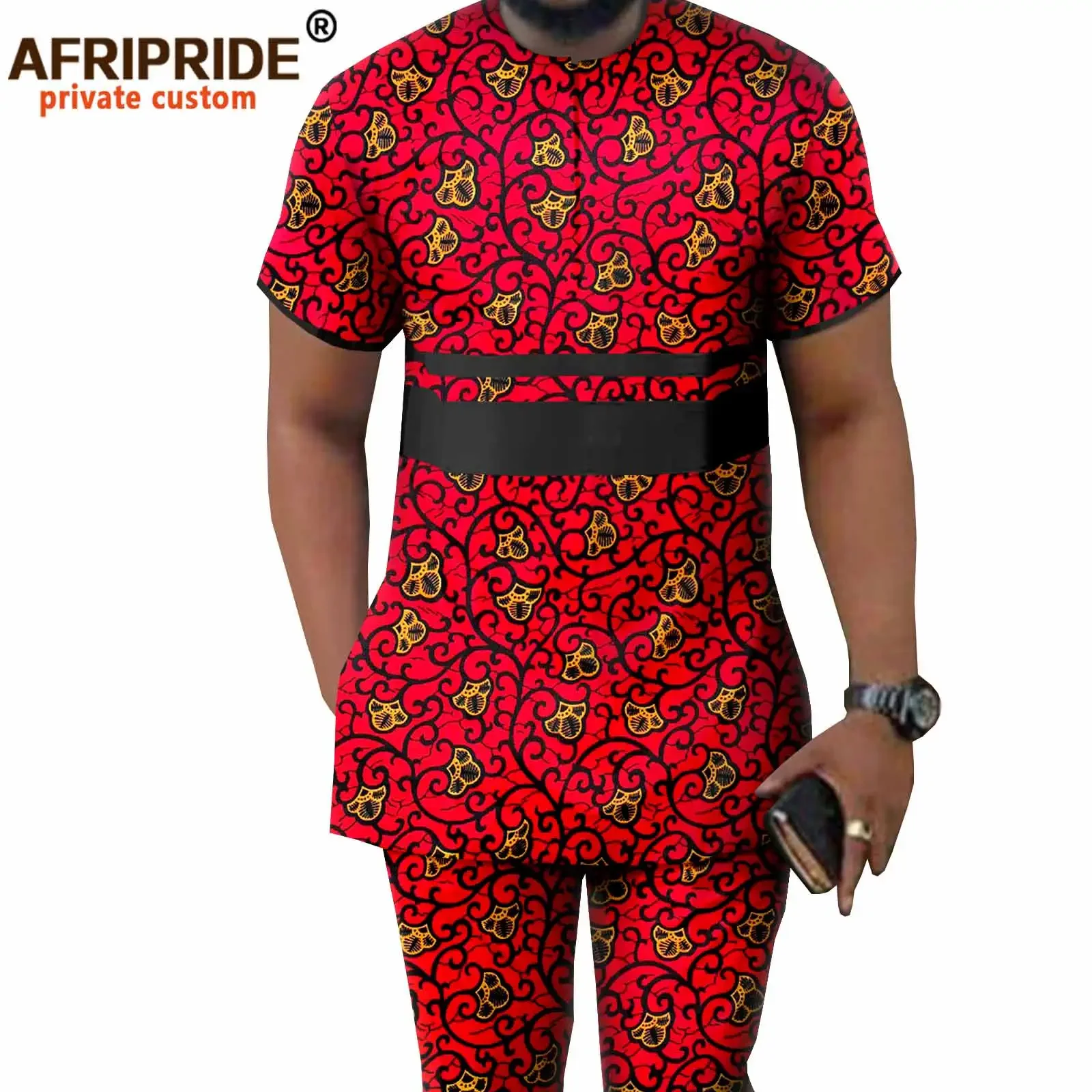 African Men Clothing Ankara Pants Set Dashiki Shirt 2 Piece Outfits Crop Top Attire Short Sleeve Plus Size Casual A2116042