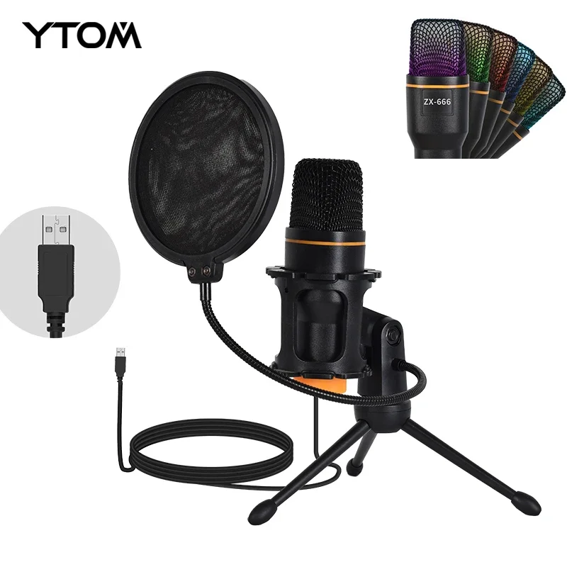 YTOM RGB Streaming USB Microphone Condenser Microphones for Laptop Computer Recording Studio Streaming Youtube TIKTOK ZX666