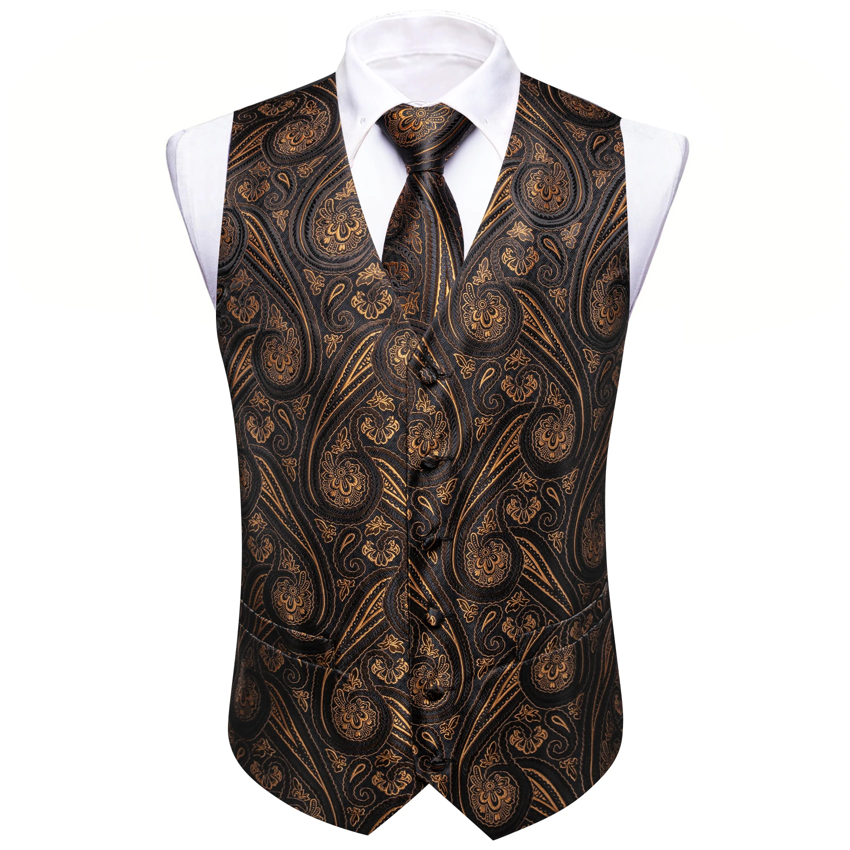 Luxuriöse Jacquard-Herrenanzugweste mit V-Ausschnitt, passende Krawatte, Fliege, Einstecktuch und Manschettenknöpfe im Set für Hochzeit, Party, formelle und legere Anlässe – Detail 5
