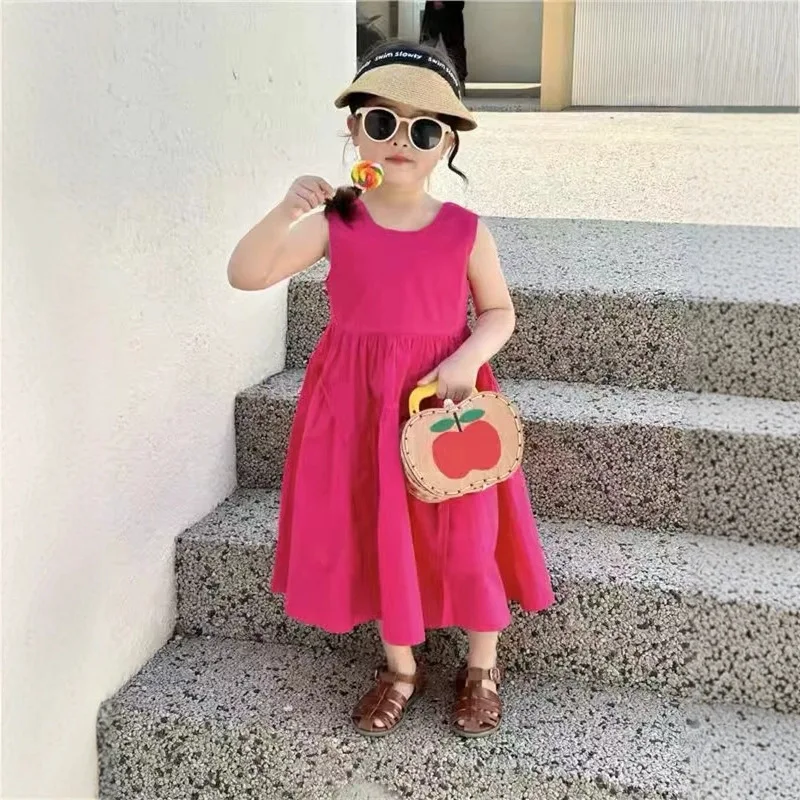 فستان بناتي صيفي جديد لعام 2025 النسخة الكورية فستان بدون أكمام للأطفال سترة قطن للأطفال بلون سادة فستان بمزاج بسيط