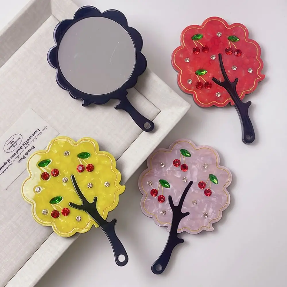 Moda cereja acetato espelho de maquiagem strass colorido forma de árvore espelho à prova de poeira alça dos desenhos animados espelho portátil ferramenta de maquiagem