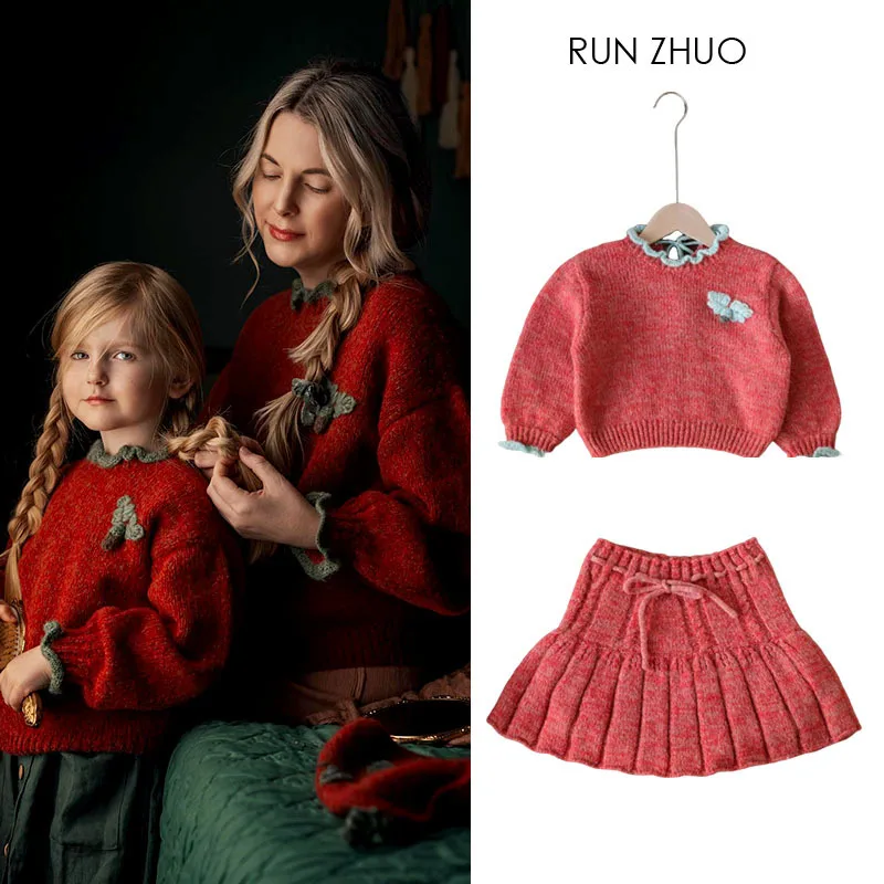 

Girls' Sweater 2025 Autumn/Winter New Red Fashion Bow Children's Hoodie Sweater Wool Warm Cute Girls' Skirt Children's Clothing