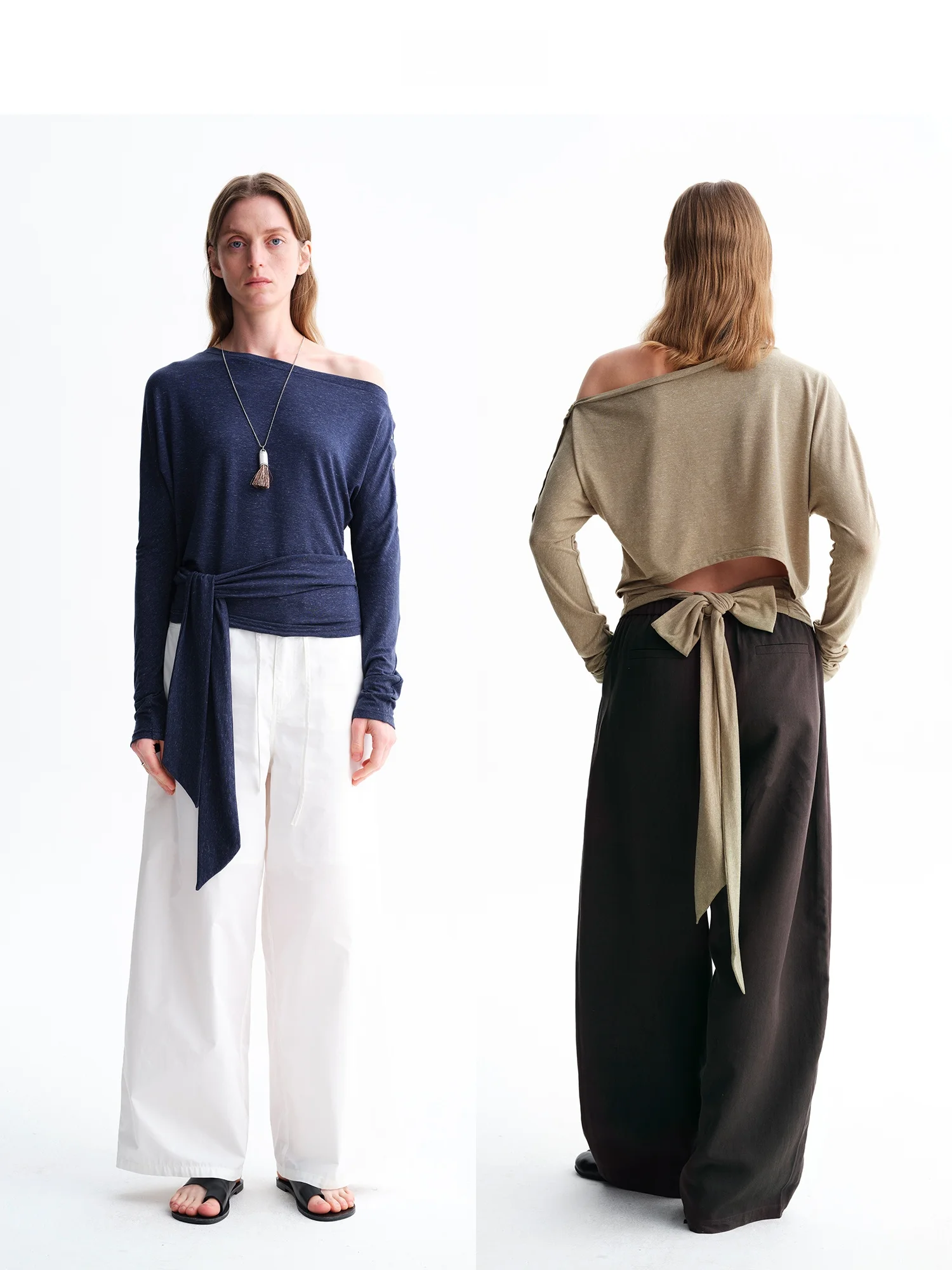 

Spring New Style Knitted Long Sleeve T-Shirt Bow Tie Shoulder One-Shoulder Button Design Linen Feel Women's Fashion Top