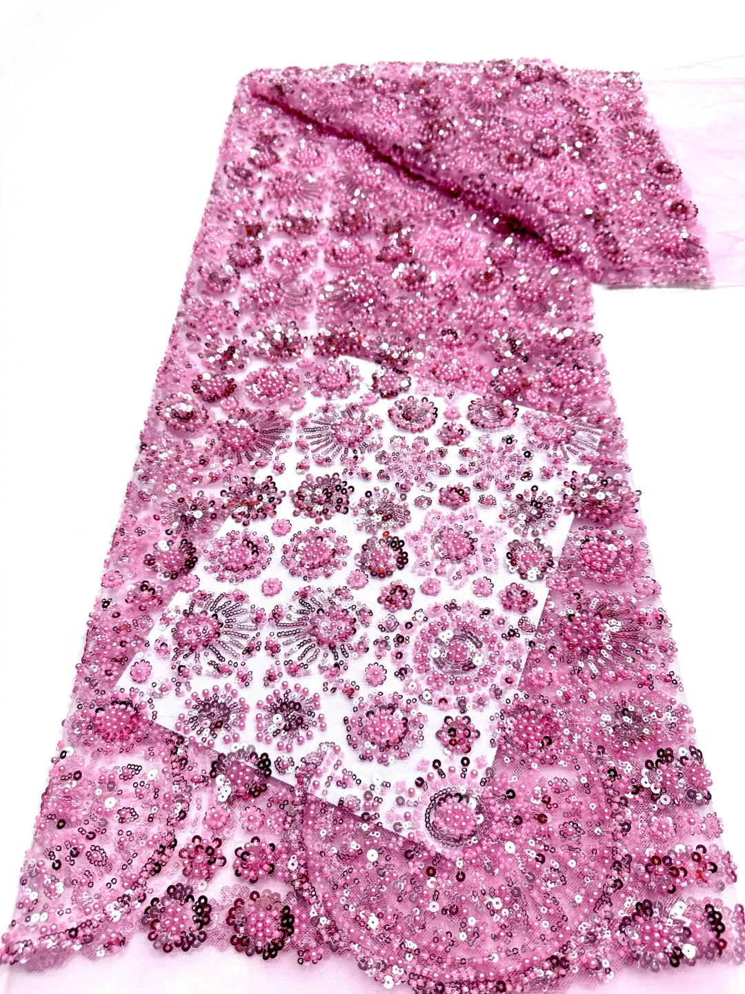 

Pink Luxury Hand Beaded Lace Fabric for Bridal High-End Wedding Tulle with French Nigerian Sequins Beads Embroidery 5 Yards