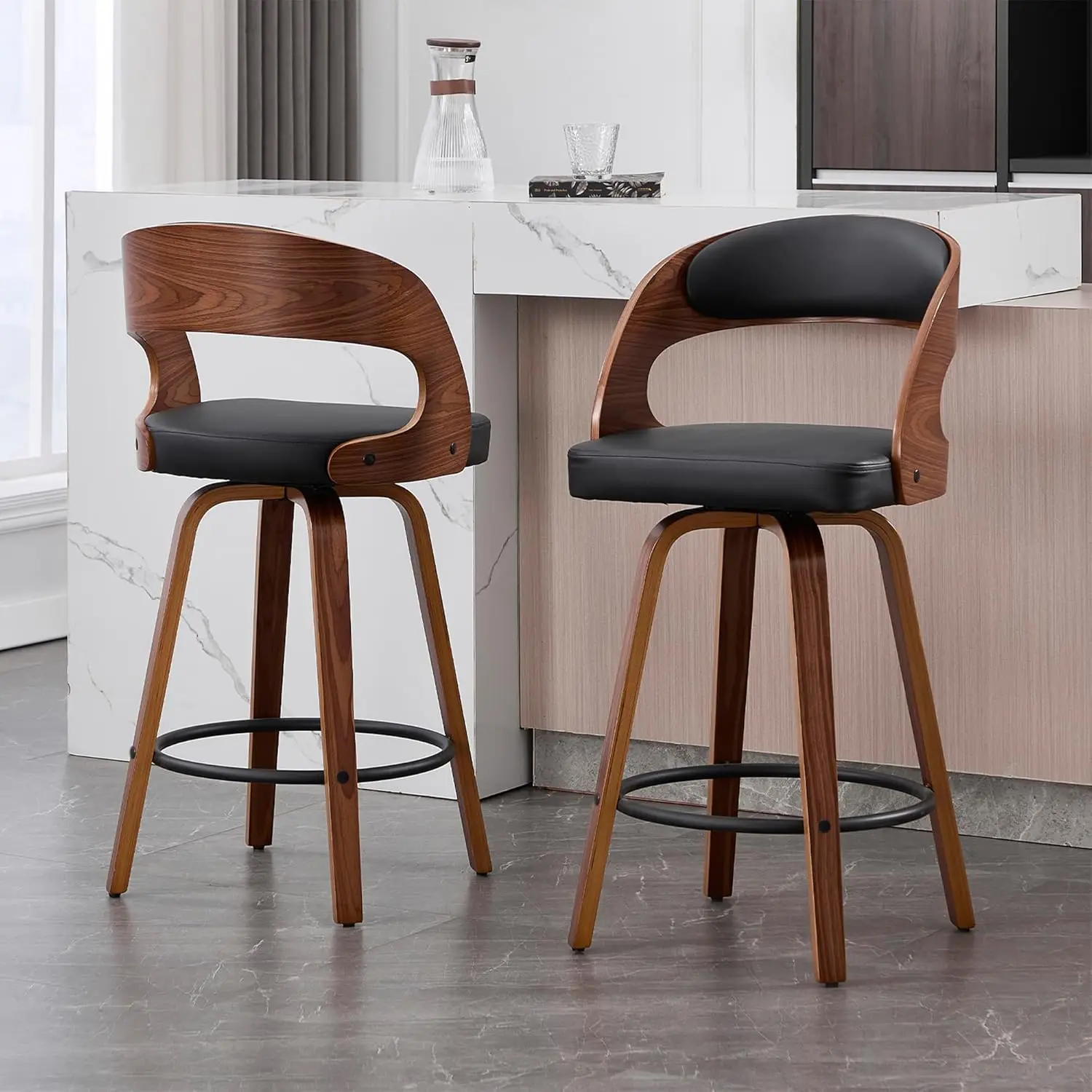 

Swivel Bar Stools Set of 2, Walnut Counter Height Bar Stools with Back and Arms, 26" Modern Faux Leather, Customized