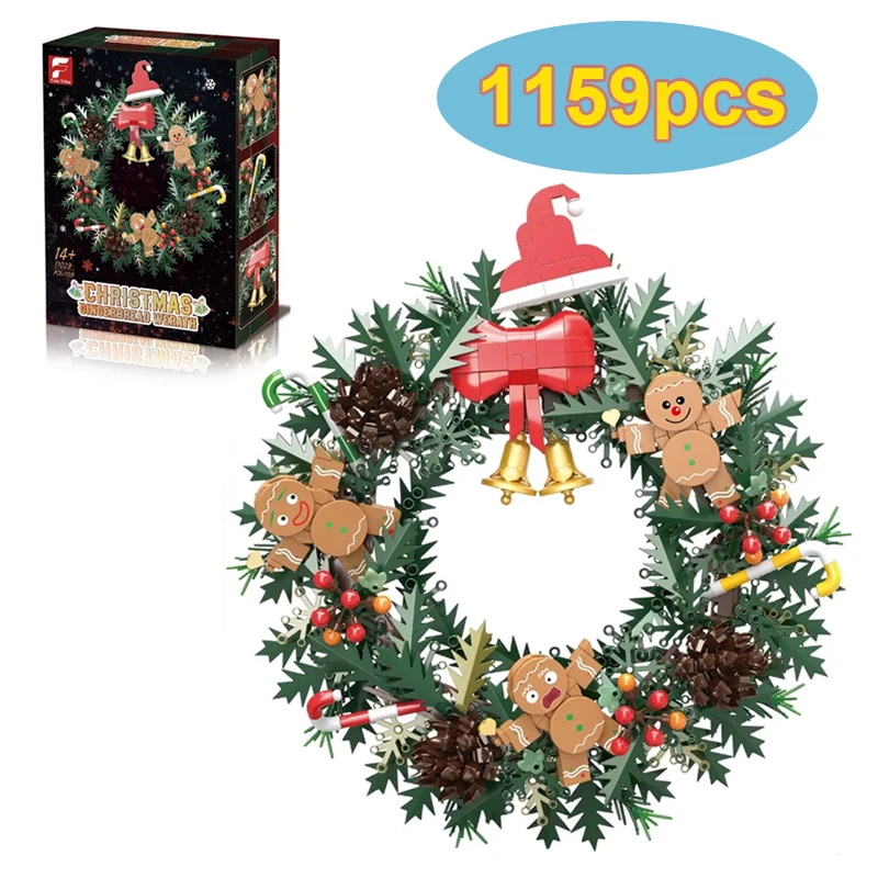 11029 1159PCS Christmas Wreath Building Blocks Realistic Bouquet Model Small Particle Holiday Decoration Festive Home Decor Gift
