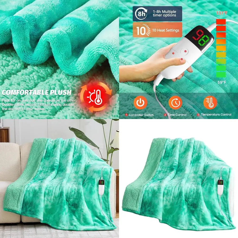 

Aqua Faux Fur Sherpa Electric Blanket, 5-Timer & 10-Heat Settings, 62x84 Sofa Bed Throw
