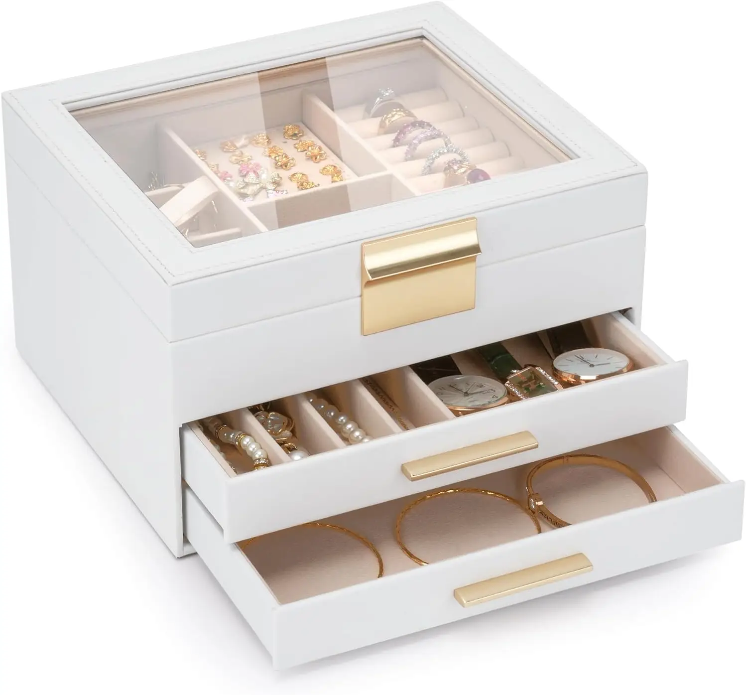 

3-слойная шкатулка для драгоценностей для женщин, стеклянная крышка и ящики, хранилище для ожерелья, колец, серег, браслетов – белый/зеленый/черный