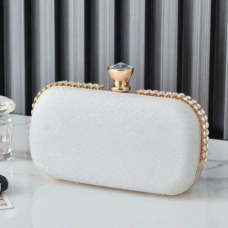 Women Light Pink Party Evening Bag Classic Diamonds Metal Frame White Clutches Simple Sweet Small Purse Crossbody Chain Handbag