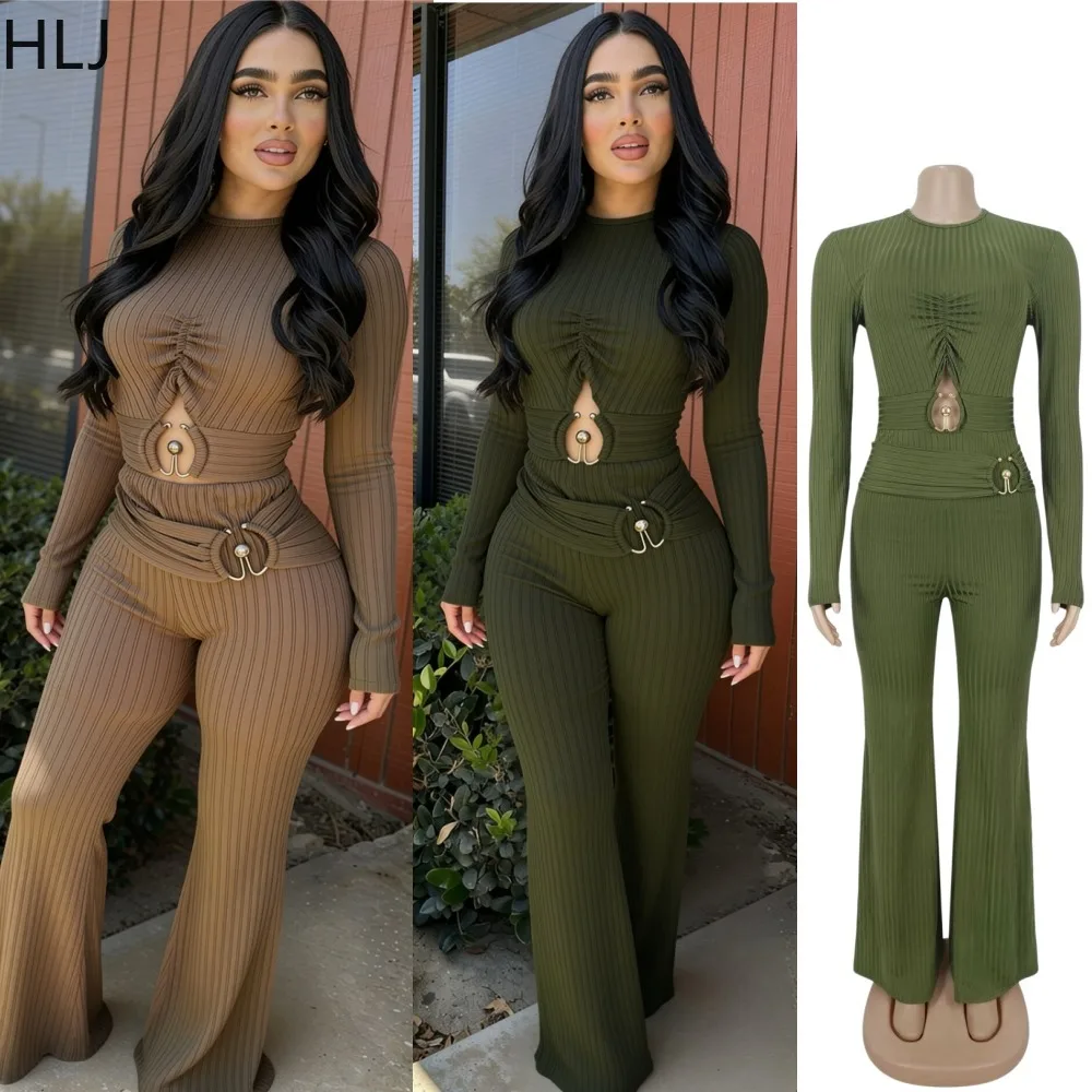 HLJ Women 2 Piece Outfits Ribbed Knit Long Sleeve Ruched Cutout O Ring Crop Top and Flare Pants Bodycon Streetwear Casual Set