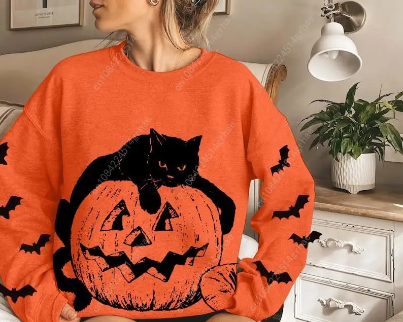 Gato preto em abóbora moletom moletom de Halloween para mulheres outono abóbora rosto camiseta leve pulôver tops