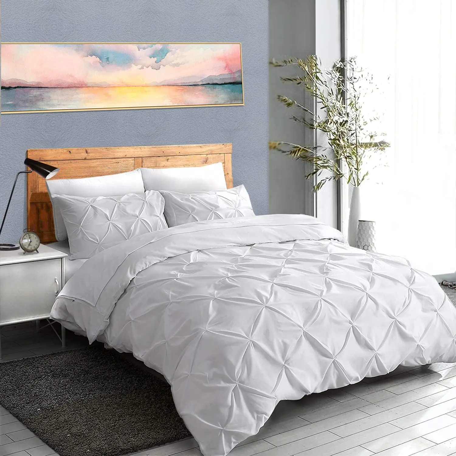 100% Egyptian Cotton Pinch Pleated Textured 3 Piece Duvet Cover with Zipper Closure & Corner Ties Bedding Set with Pillowcase