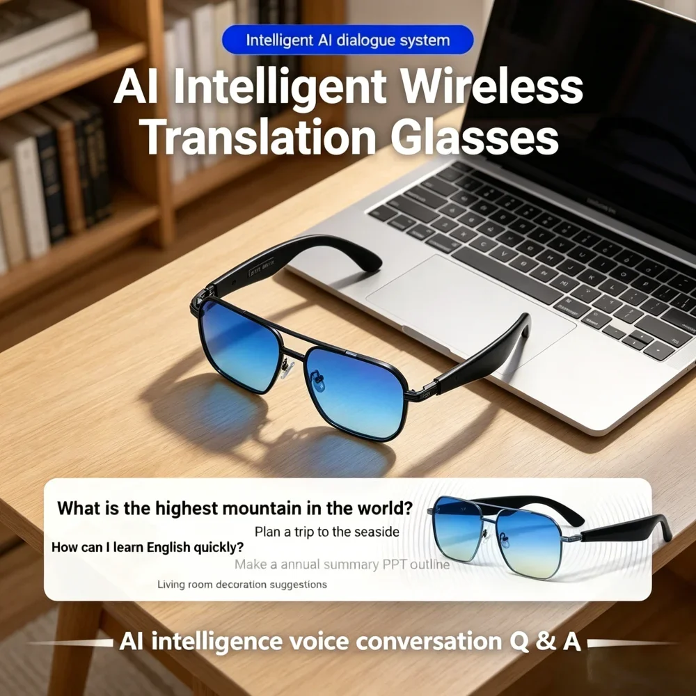 

AI Smart Glasses, 2-in-1 Wireless Call Headset, Intelligent Translation Sunglasses, Support Music Playback & Voice Assistant
