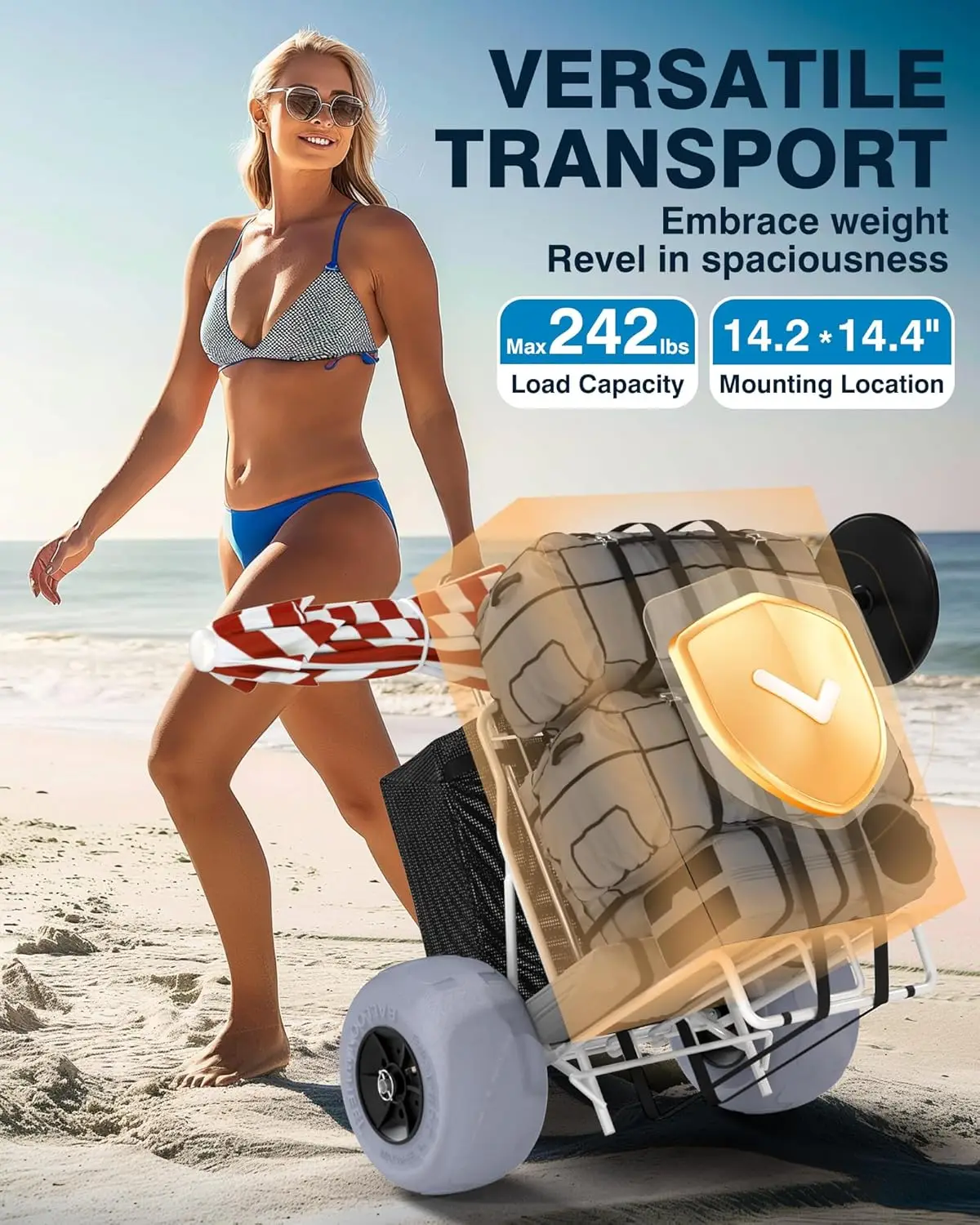 ch Cart With 13"" Big Balloon Wheels For Sand, 14.2"" X 14.4"" Cargo Deck, 242 Lbs Loading Capacity, 30""- 49"" Adjustable