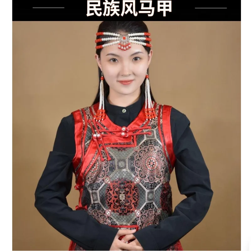 Chinese Mongolian Women's Round Neck Vest With Double Layered Lining and Metal Buckle Vest
