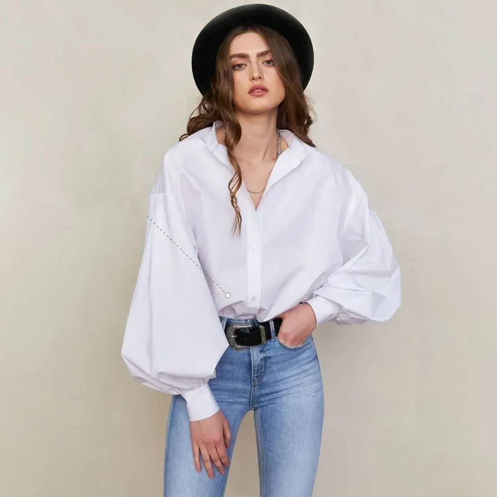 

Chic Lantern Sleeves Cotton Blouse Women's Clothing Trends White Shirts Office Ladies Tops Design Streetwear Tops Buttons Shirt