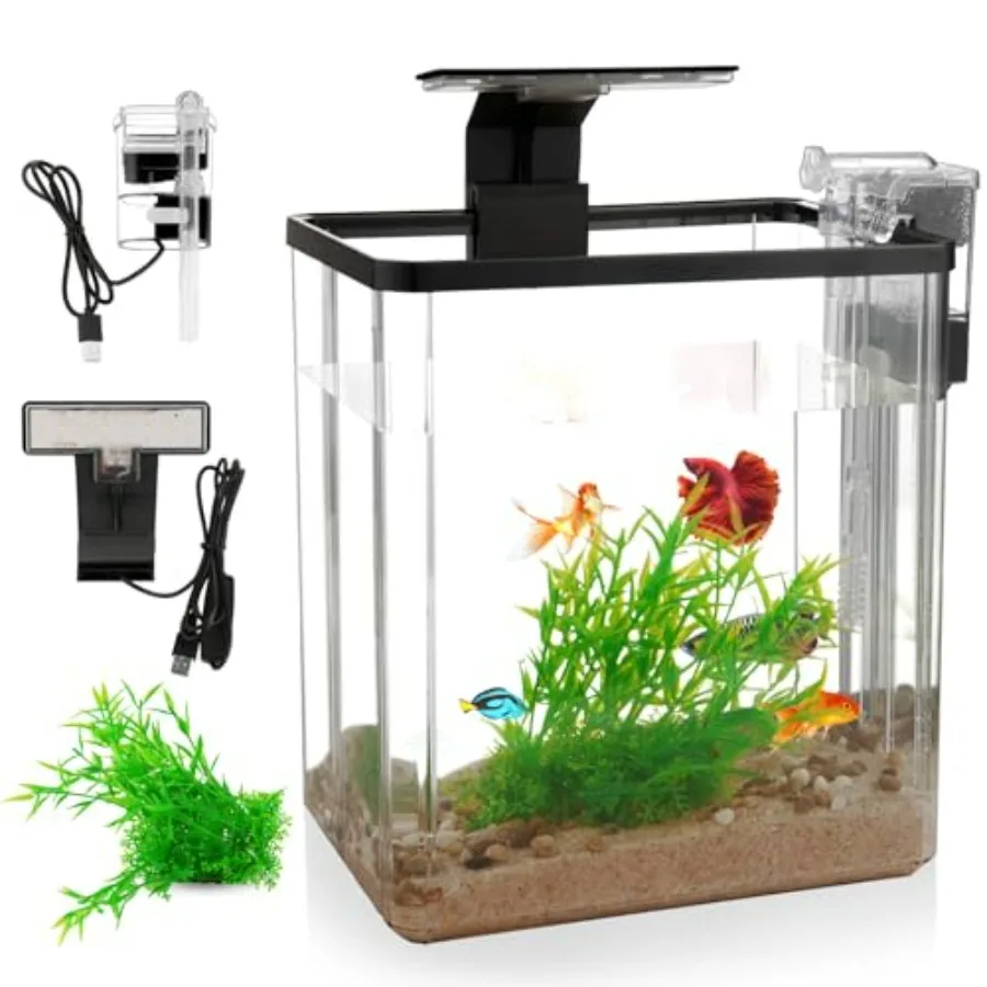 

1.5 Gallon Aquarium Starter Kits - Plastic Fish Tank Kit Clear Beta Fish Tank Small with Filteration Oxygenation, Water Circula