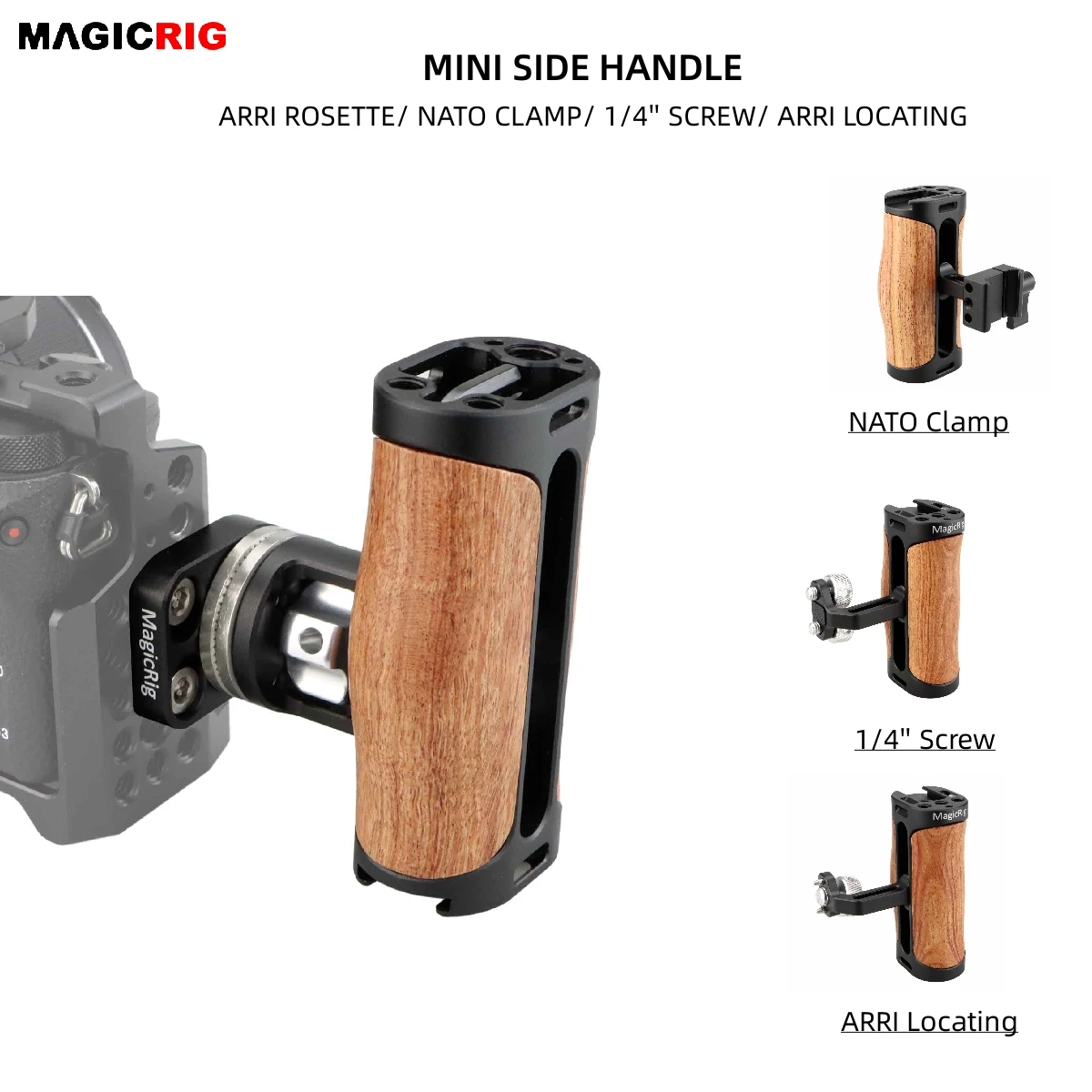 MAGICRIG Wooden Handgrip Camera Cage Mini Side Handle with ARRI Rosette M6 Extension Mount for for Sony/Canon/Nikon Camera