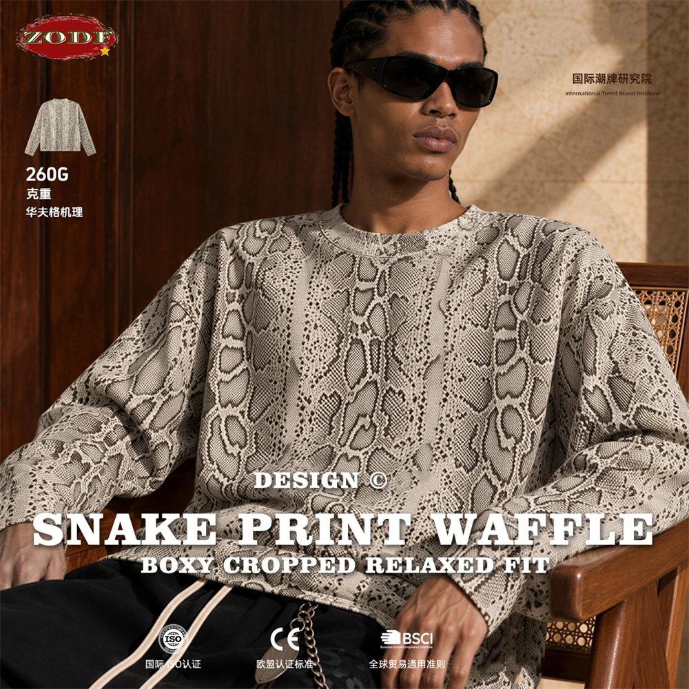 ZODF Trendy Man Autumn 260gsm Snake Printing Waffle T-Shirt Unisex Boxyfit Full Sleeve O Neck T Shirts Brand Tees HY1307