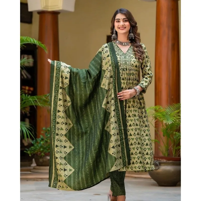 Indian Women Designer Cotton Printed Work Straight Salwar Kurta Wedding Dress