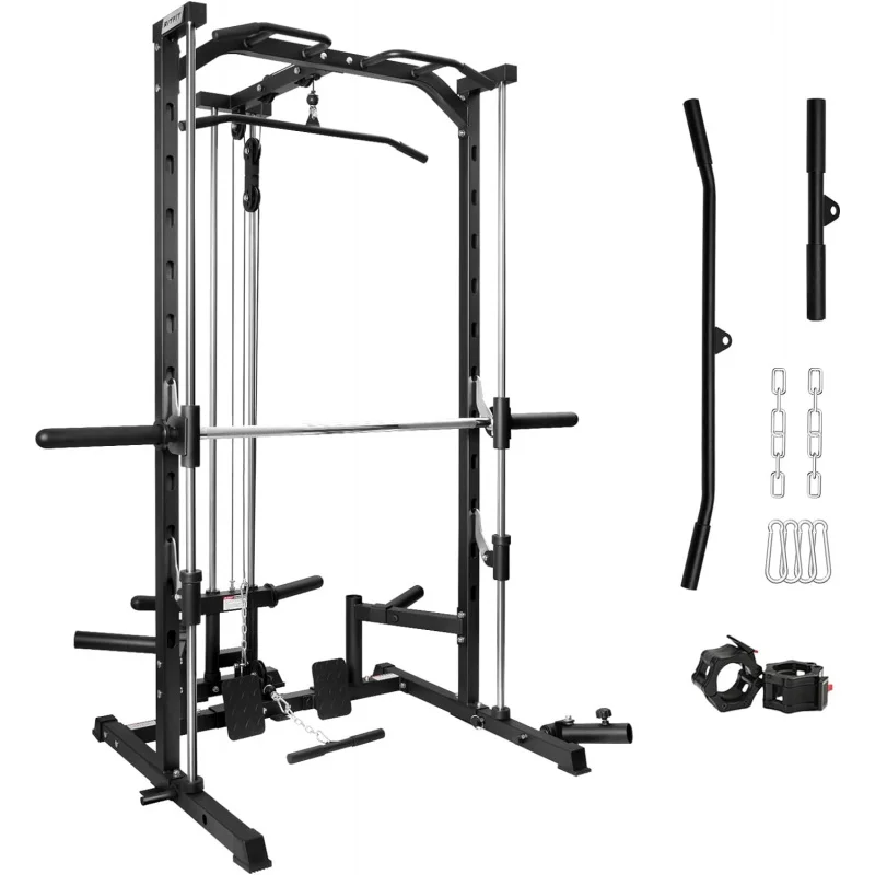 RitFit Smith Machine Power Rack with LAT-Pull Down System, Landmine, Barbell Bar, Plate Storage Pegs and More Training Attachmen