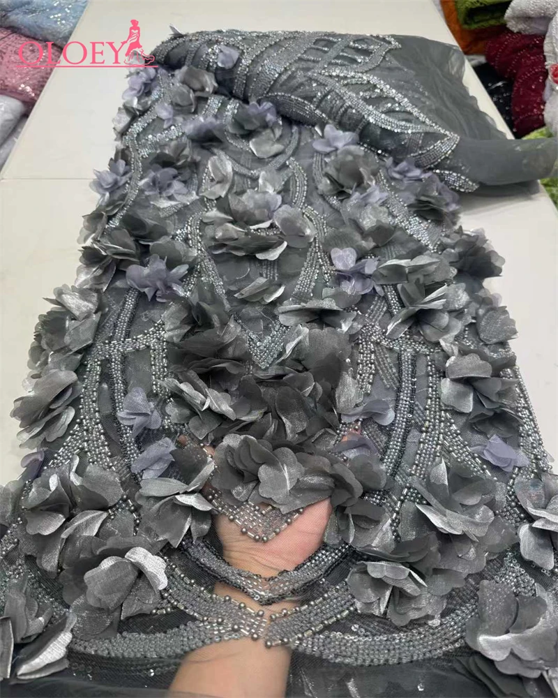

OLOEYHigh-quality African Nigerian Elegant 3D Embroidered Fabric French Tulle Lace Fabric With Sequin For Party Wedding