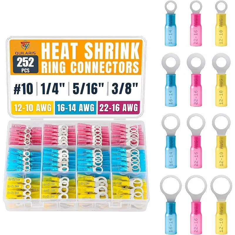252 PCS Heat Shrink Tubing Connectors, #10, 1/4 inch, 5/16 inch, 3/8 inch (3 colors / 4 specifications), 12-10, 16-14, 22-16 size, automotive marine electrical terminal kits, insulated crimping connector assemblies