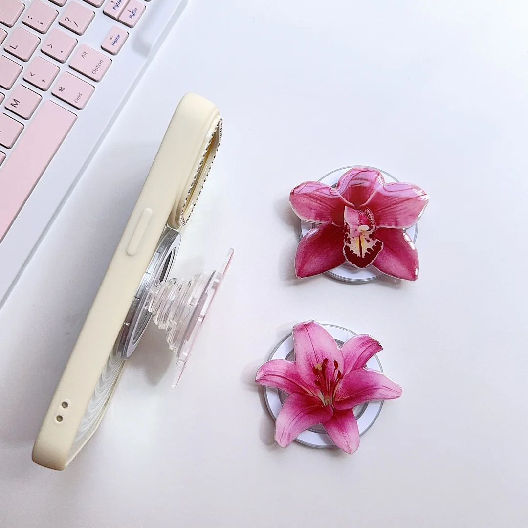 Soporte magnético para teléfono con succión de flor de orquídeas 3D para niña, soporte para IPhone Samsung, agarre de bolsillo, soporte Tok