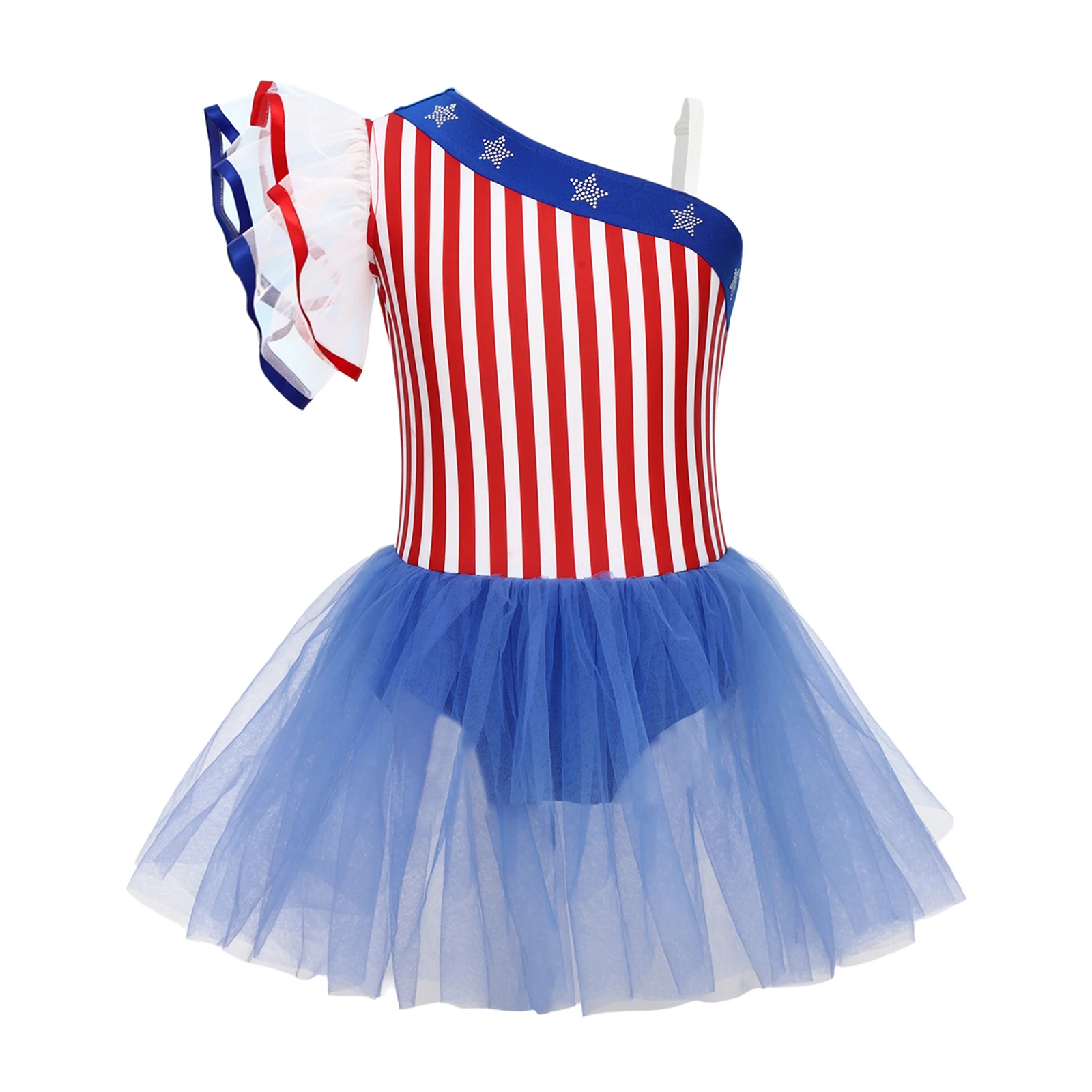 July 4th Independence Day Costume Rhinestone Stars Striped Tutu Dress Leotard for Skating Gymnastics Ballet Dance Tulle Dress - view 4