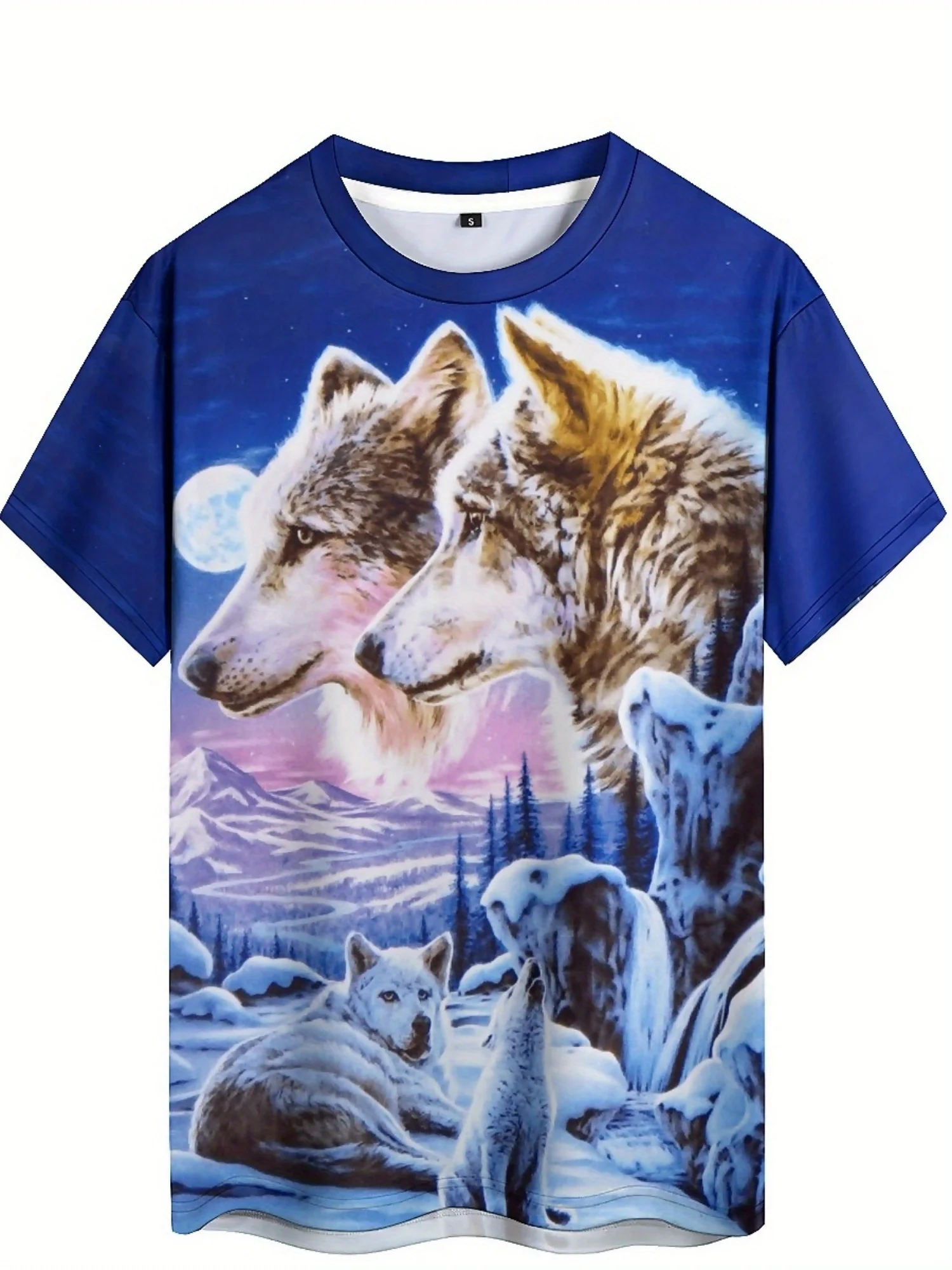 Men's 3D Digital Print Double Wolf & Geometric Graphic T-Shirt - Hip-Hop Style Loose Fit Short Sleeve, 100% Polyester