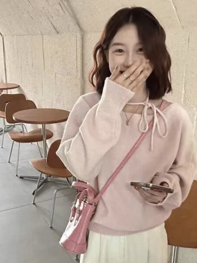 

Pink Knitted Sweater Women's Spring Autumn Loose Comfortable round Ne Design Korean Sle Faionable Soft Cozy Knitwear