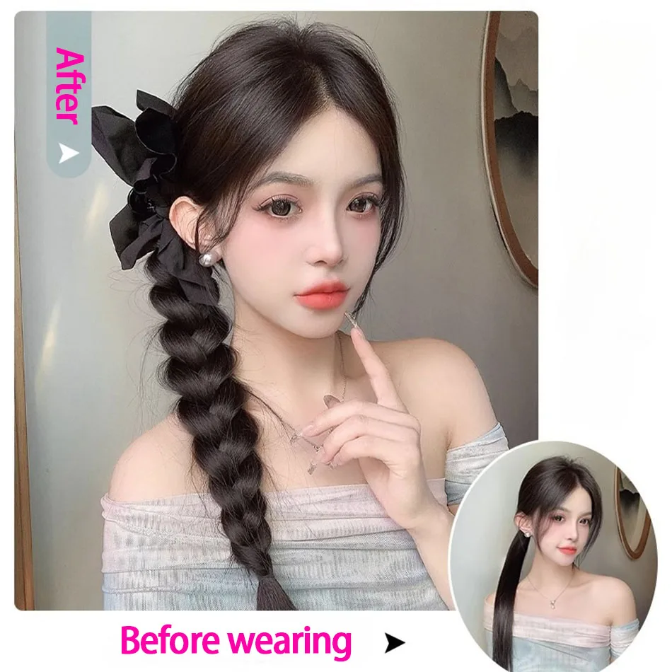 الجانب التعادل الاصطناعية خصلات شعر مضيئة مع الأسود فراشة عقدة مقاطع كسول مخلب كليب مضفر ذيل حصان شعر مستعار هيربيسي #3