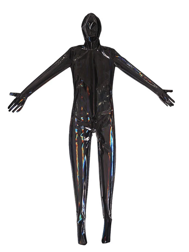 Chromatic Colour Reflection Shiny Leotard Sexy Men\'s Full Bodysuit Latex Elasitc Tights Zipper Open Crotch Cosplay Jumpsuit