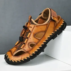 Sandalias informales de cuero para hombre, zapatos de playa de malla transpirable, cómodas y suaves, romanas, para verano, 2024