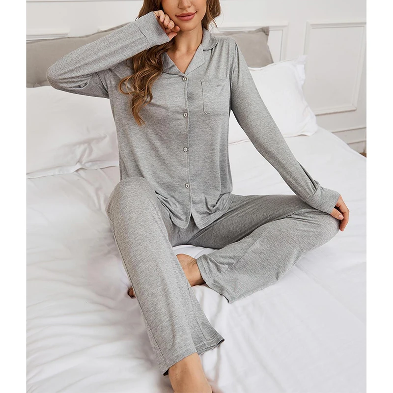 Autumn Modal Long-sleeved Tops&Long Pants Trousers Sets 2Pcs Women\'s Pajamas Sleepwear Nightwear Solid Home Clothes Cardigan