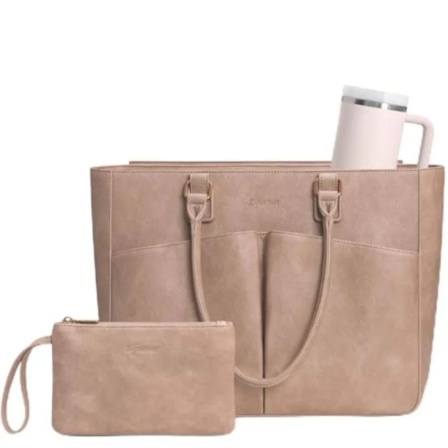 

Laptop Tote Bag for Women, Leather Work Tote with Padded Laptop Compartment, Cup Holder, Office Computer Briefcase Structured S