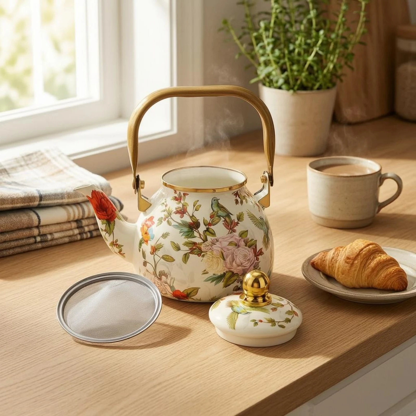 Lidded Enamel Teapot Gold-Tone Trim Mesh Strainer Teapot Tea Infuser Pot Glossy Tableware Enameled Interior view 4