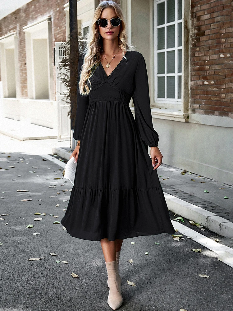 Elegant Deep V Neck Chiffon Maxi Dress Autumn New Solid Waist Narrowing Long Sleeve Dressy Dresses Splice Female Robe Vestidos