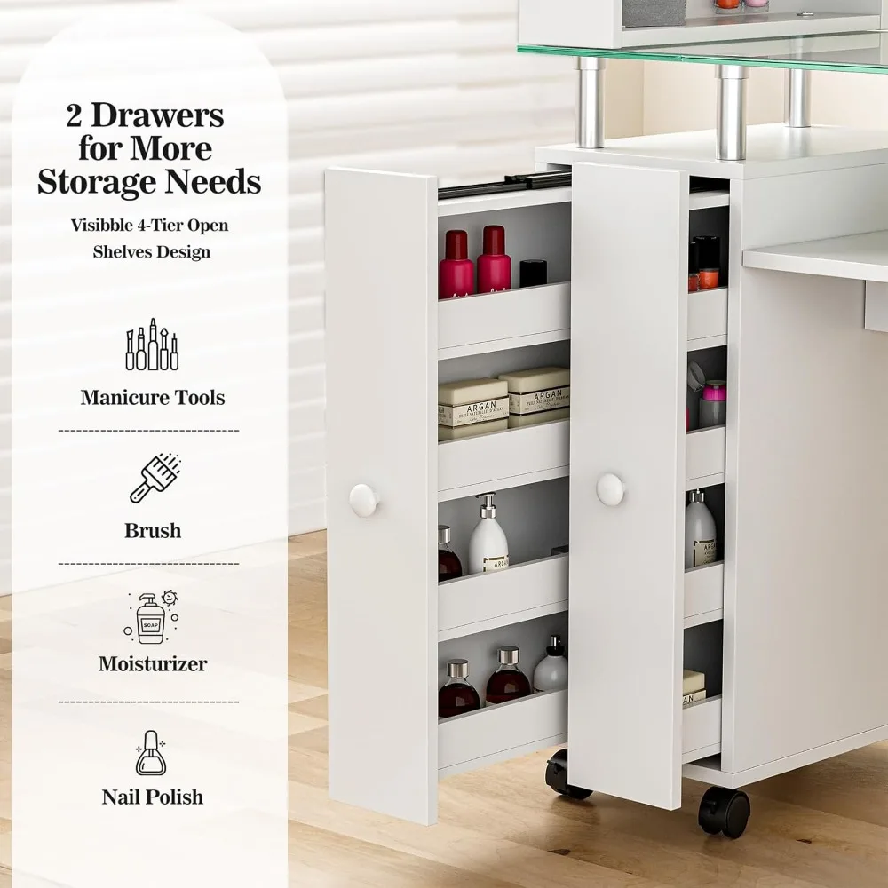 Manicure Table Nail Tech Table, Glass Top Nail Desk Station for Nail Tech w/Shelves & Wrist Cushion, Acetone Resistant Be