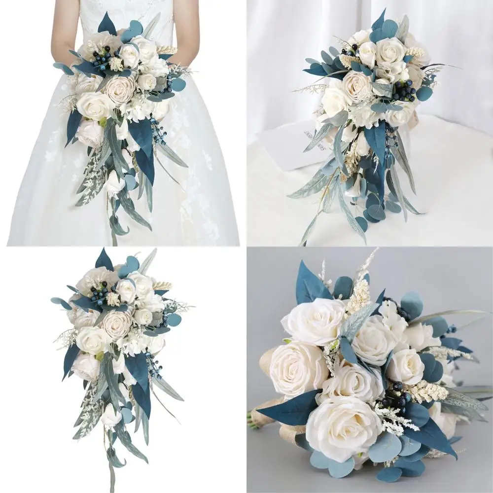 Rustic Artificial Flowers Bridal Bouquet, Silk Flower Wedding Bouquet for Bride Bridemaids, Water Drop Holding Bouquet for Wedd