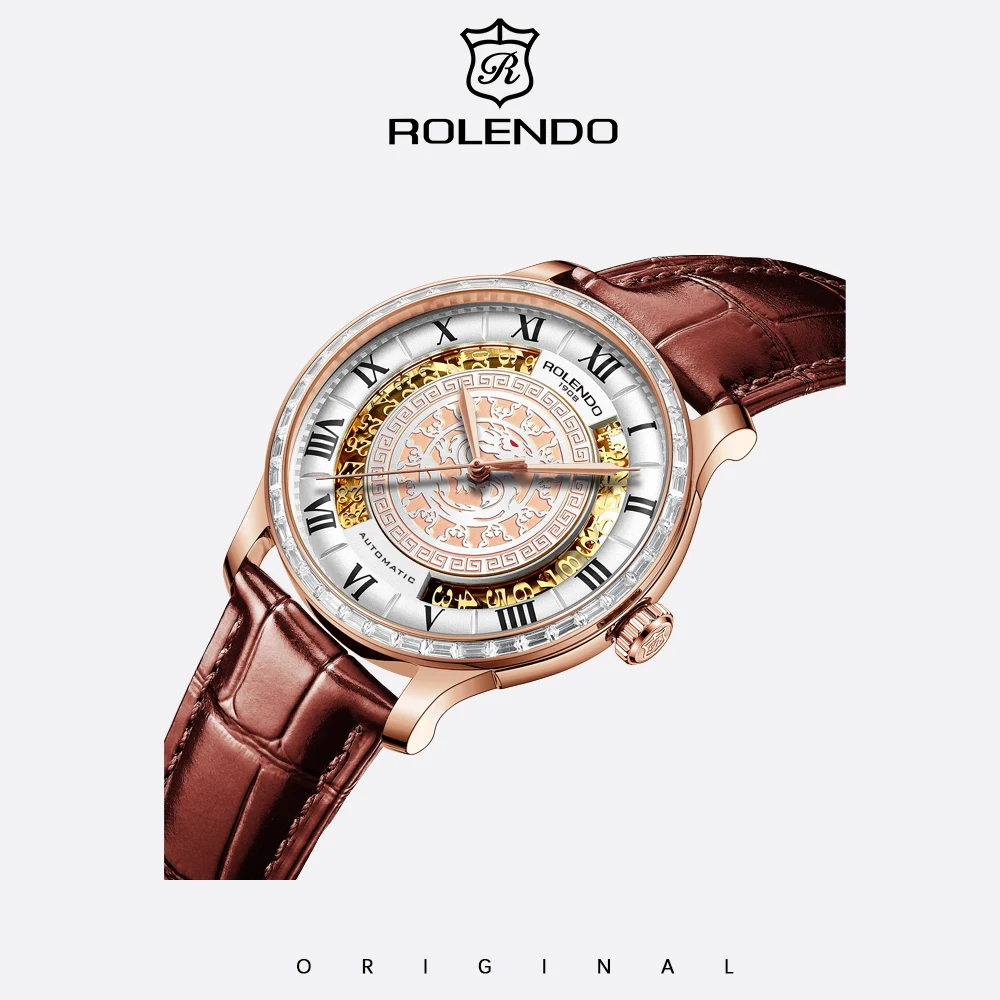 ROLENDO Men Auto Watch Rose Gold Diamond Hollow Dragon Dial Roman Numeral Brown Leather Waterproof Luxury Business Wristwatch