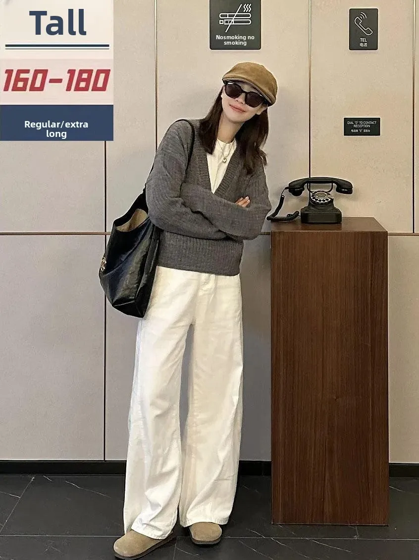 

Extended Length American Sle White Straight Leg Jeans Women's Autumn Winter Dra High Street Sle Floor-Length Pants