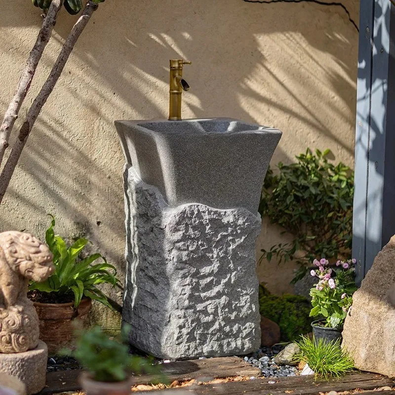 Outdoor Garden Wash Basin Column Imitation Stone Floor Sink Ornament for Courtyard Decorative Water Feature